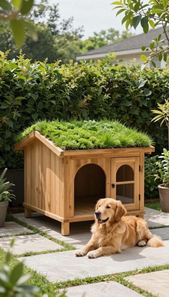 Eco-friendly green roof dog house in a modern garden with a golden retriever lounging nearby