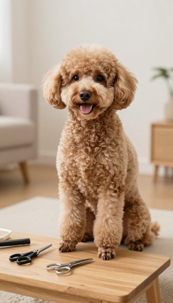 A poodle calmly investigating grooming tools on a table in a well-lit room, illustrating a stress-free introduction to grooming for dog owners.