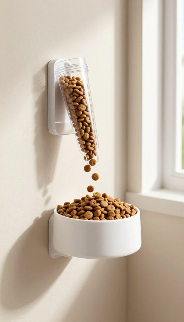 A wall-mounted clear acrylic tube dispensing dog food into a bowl in a bright, modern kitchen setting.
