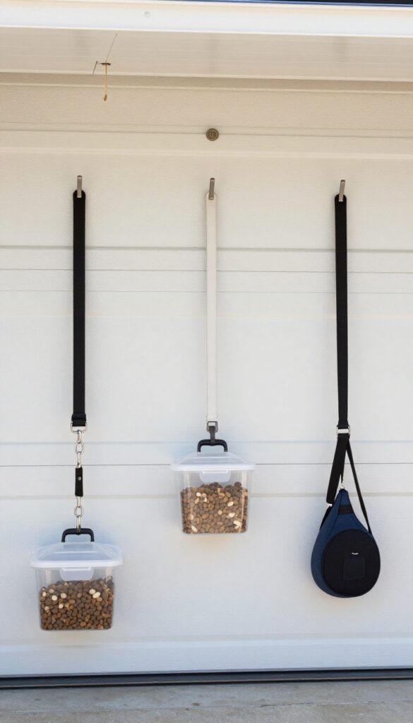 A garage wall unit with hooks and bins for organizing dog leashes and food supplies, in a tidy home setting.