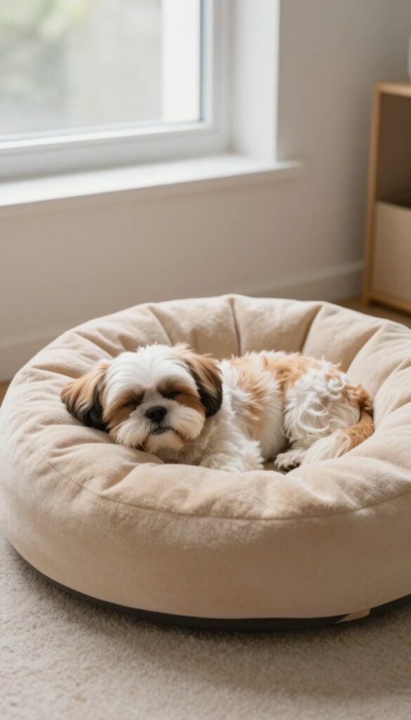 Small dog sleeping curled up in a cozy donut bed in a bright living room