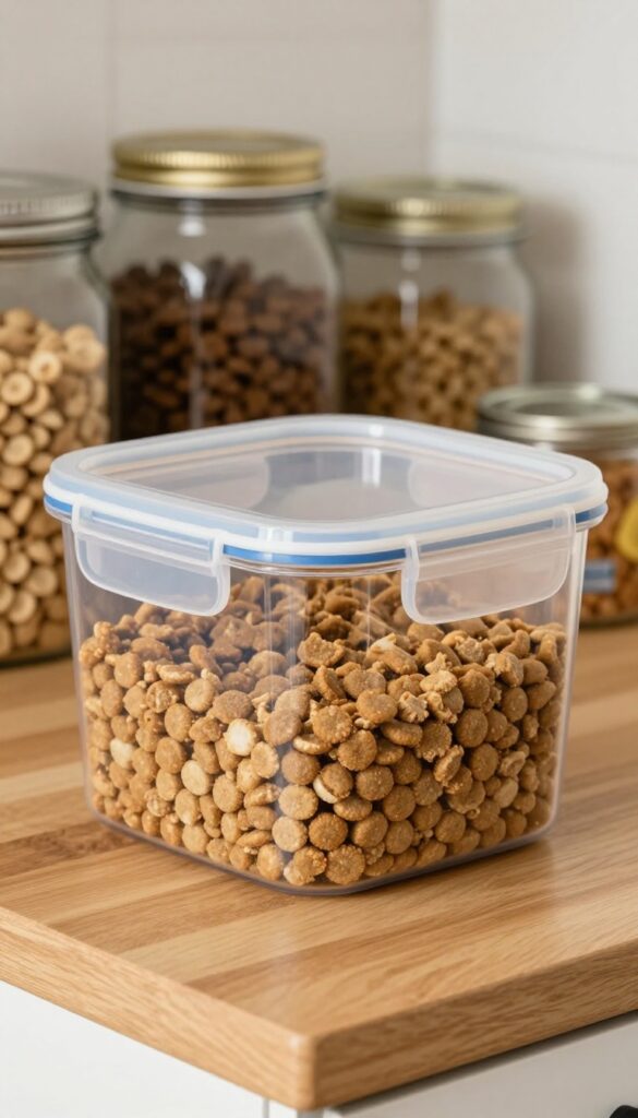 Airtight container filled with dog food in an organized kitchen pantry, showcasing freshness and easy storage for pet owners.