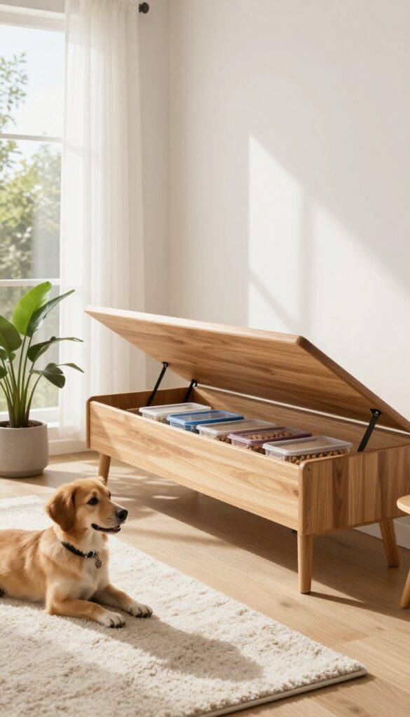 A realistic photo of a multi-purpose furniture bench with hidden storage for dog food in a tidy living room, illustrating organized pet food storage ideas for dog blogs.