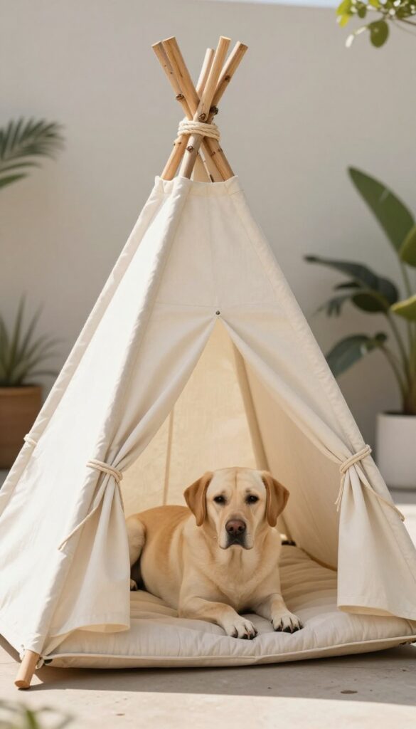 Rustic teepee dog house made from branches and fabric in a sunny backyard, with a Labrador resting inside.