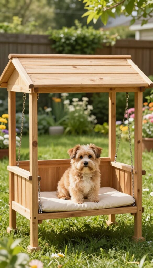 Small dog sitting on a cushioned porch swing attached to a wooden dog house in a sunny backyard