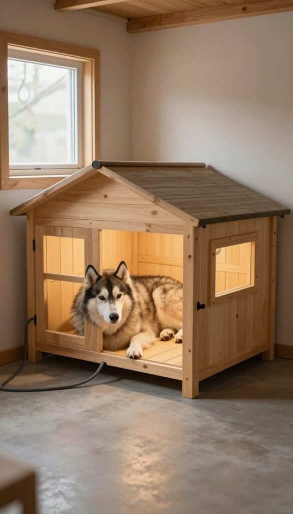 Dog lying on heated concrete floor with hydronic tubing in insulated dog house