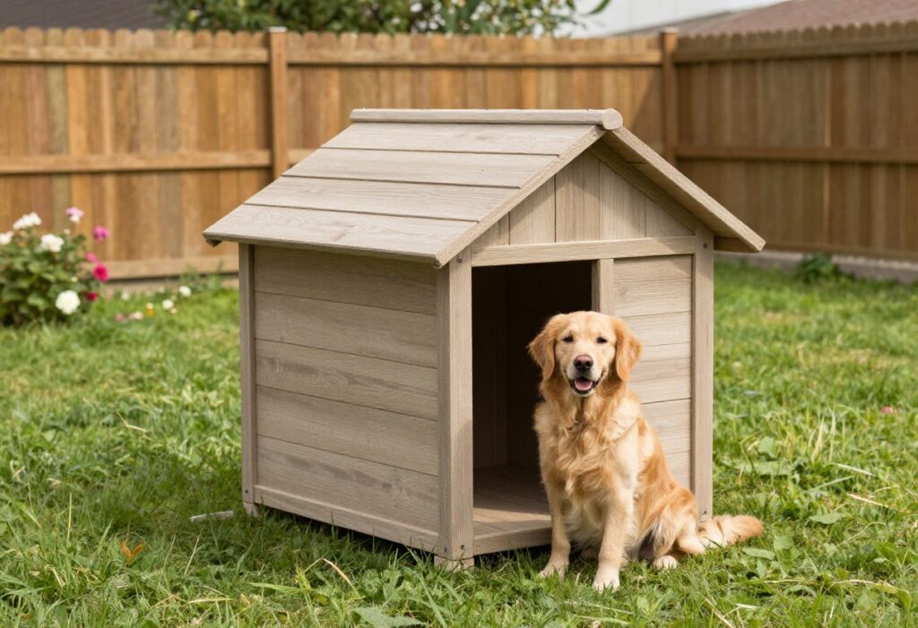 DIY wooden dog house in a backyard with a dog sitting beside it