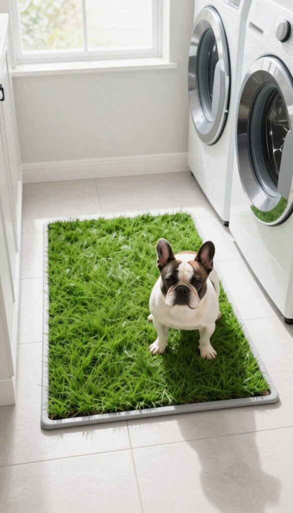 Indoor potty solution for dogs with grass patch tray and pee pad in laundry room