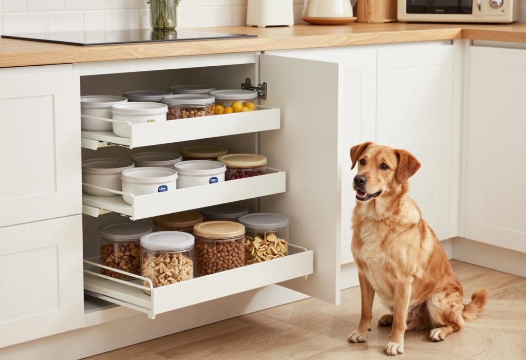 Pull-out dog food storage cabinet in a kitchen with organized supplies and a dog nearby