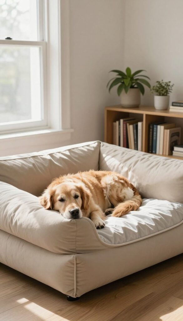 Senior dog resting on memory foam bed in bright living room corner