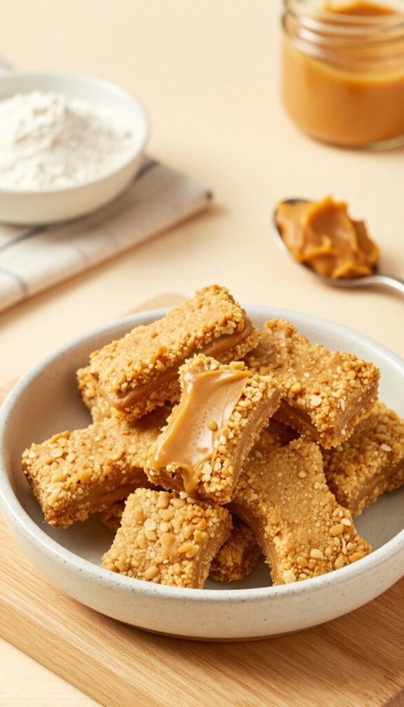 Homemade peanut butter and pumpkin dog treats with ingredients, arranged on a wooden surface for a dog recipe blog.