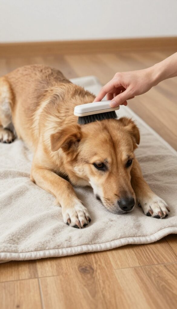 A person testing a dog brush on a dog's shoulder in natural light, demonstrating gentle grooming for a blog on choosing the right brush.