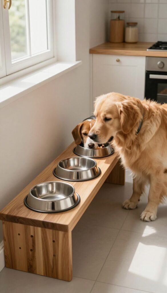 Multi-dog feeding station with separate bowls and dividers, two dogs eating calmly in a bright kitchen.