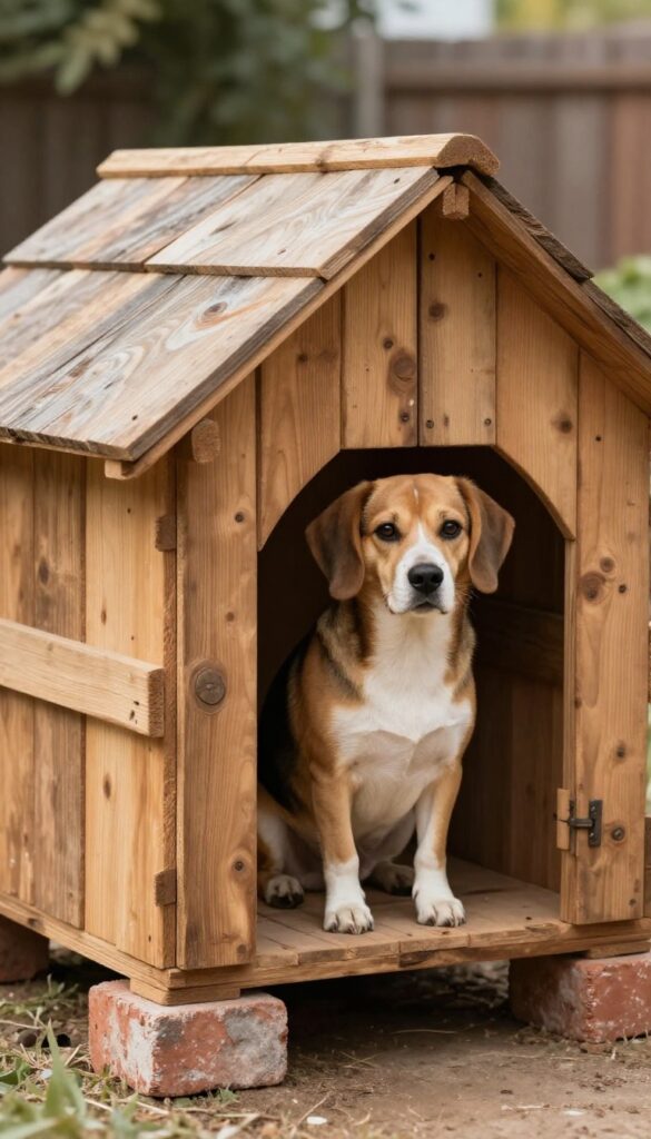 A repurposed wood crate dog house in a backyard with a Beagle inside.