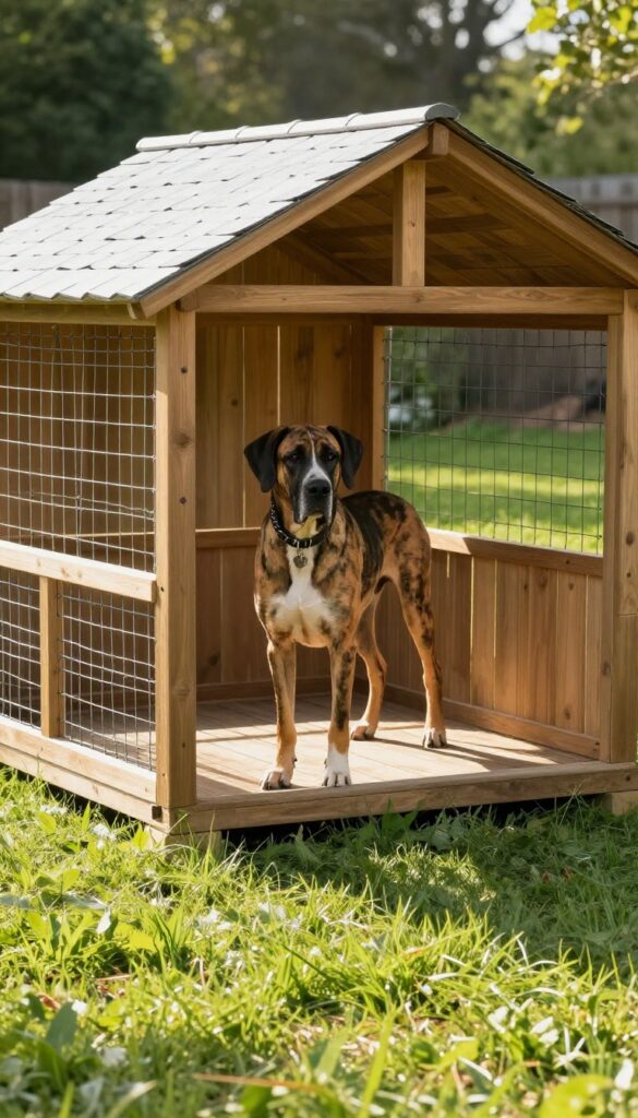 Large dog house with attached run for a Great Dane in a sunny backyard