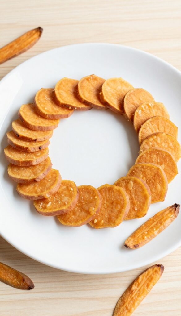 Homemade sweet potato crunch chips for dogs, baked to a crispy golden brown and arranged on a plain white plate, showcasing a nutritious and crunchy dog treat idea.