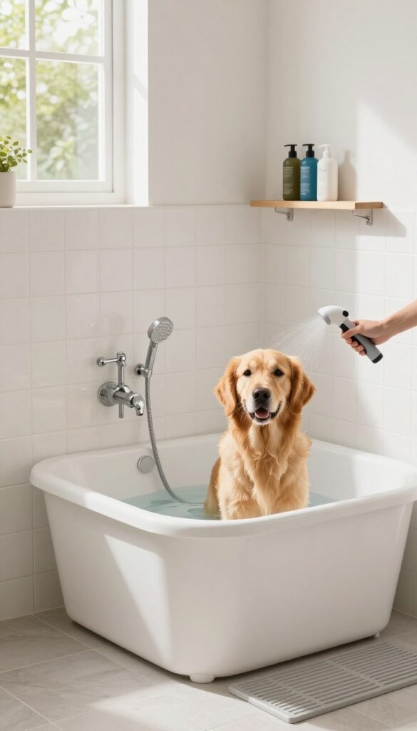 Dog standing in a mudroom wash station with handheld sprayer and towel hooks