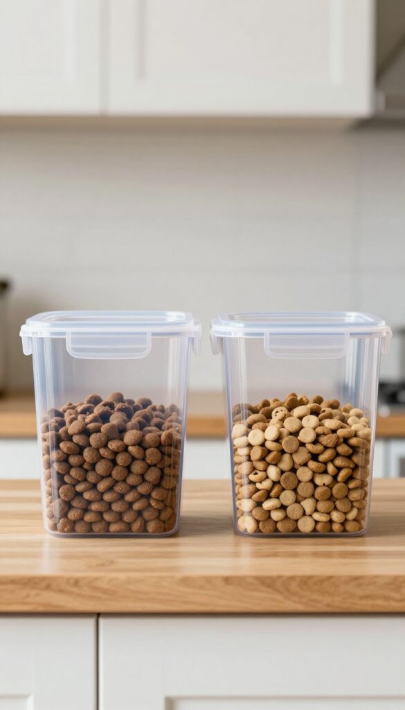 Two small airtight dog food bins with different colored kibble, placed side-by-side on a shelf in a bright kitchen, illustrating organized feeding for multiple dogs without text or labels.