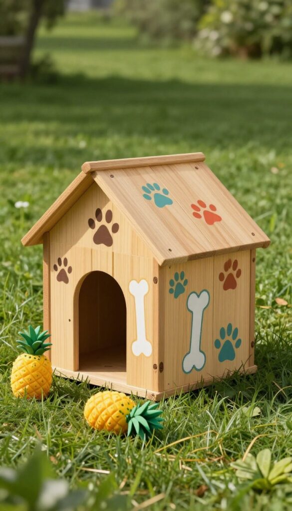 Painted mural dog house with paw print and bone designs in a backyard