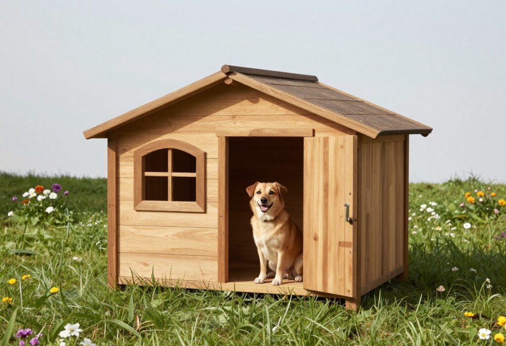 DIY wooden dog house in a backyard with a happy dog sitting in front