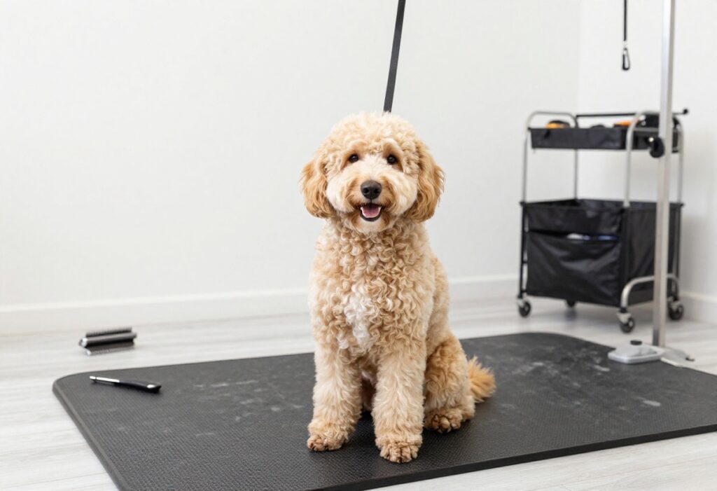 A well-groomed Doodle dog in a cozy grooming setup with tools, showcasing practical dog care.
