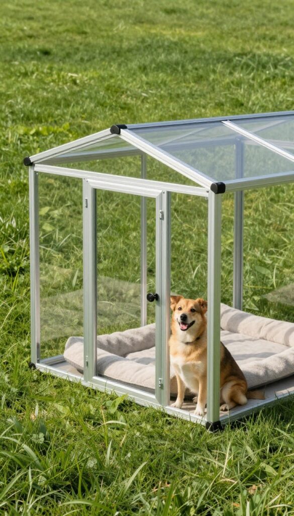 Modern transparent polycarbonate dog house in a sunny backyard with a dog looking out