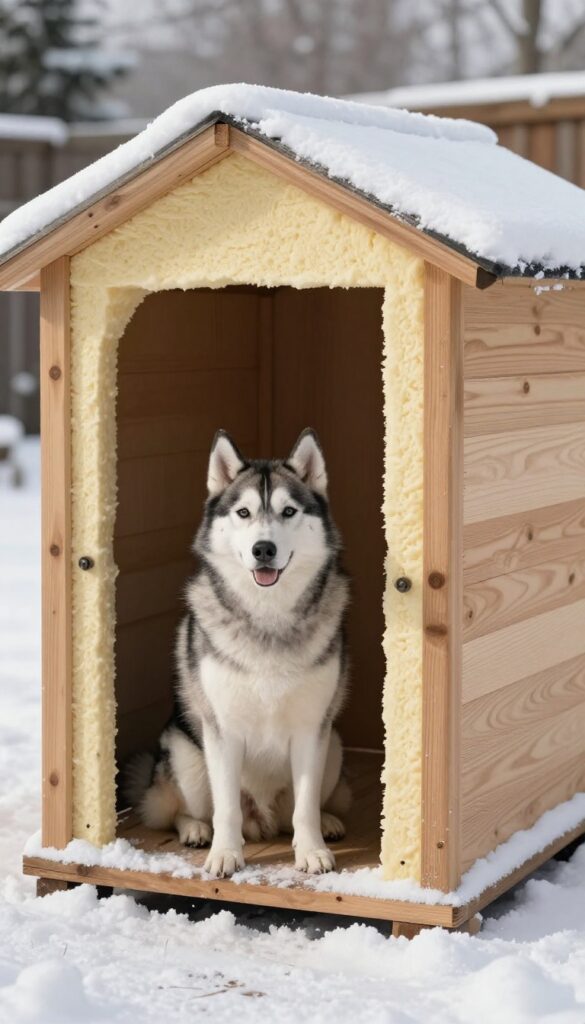 Double-wall insulated dog house with foam insulation cutaway and Husky in snow