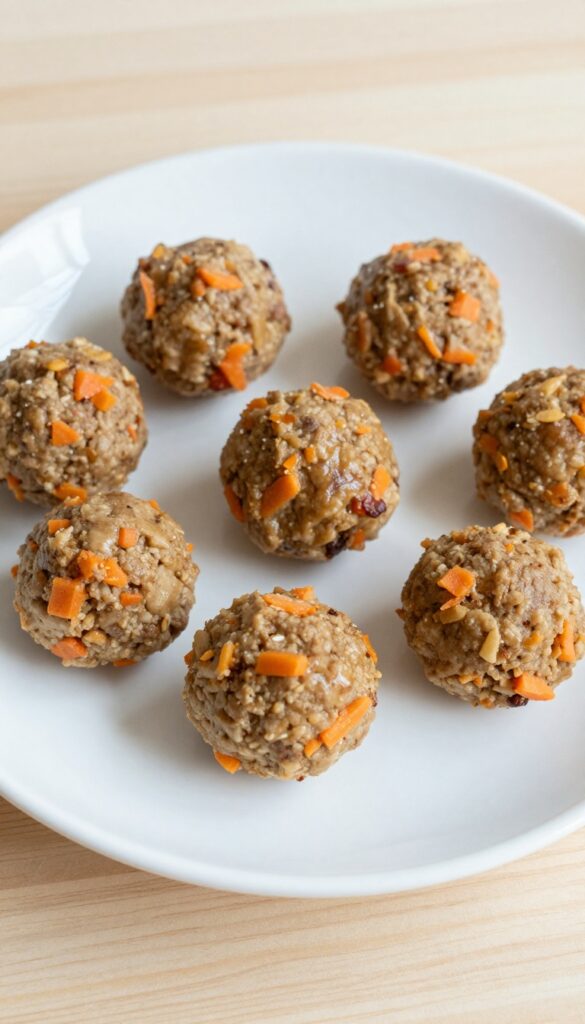 Close-up of homemade beef and carrot mini meatballs for dogs, arranged on a plain white plate with a light wooden background, showcasing their savory texture and natural ingredients in bright, clean lighting.