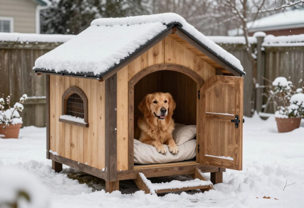 Cozy heated dog house in snow with golden retriever peeking out