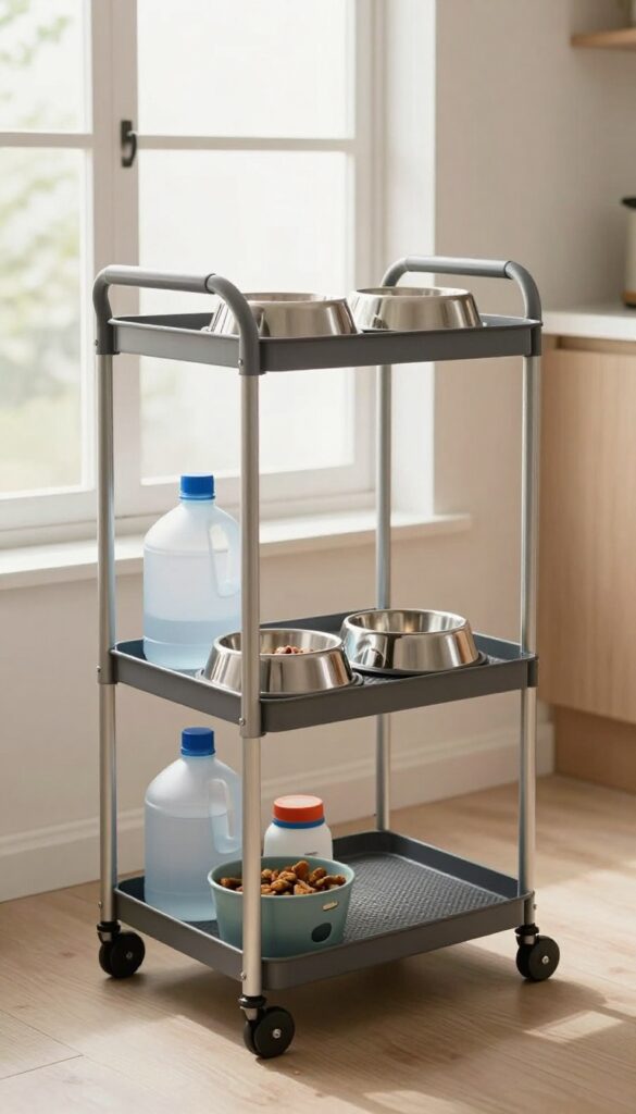 A rolling cart station for flexible dog feeding locations, featuring a multi-tiered cart with bowls and storage in bright natural light.