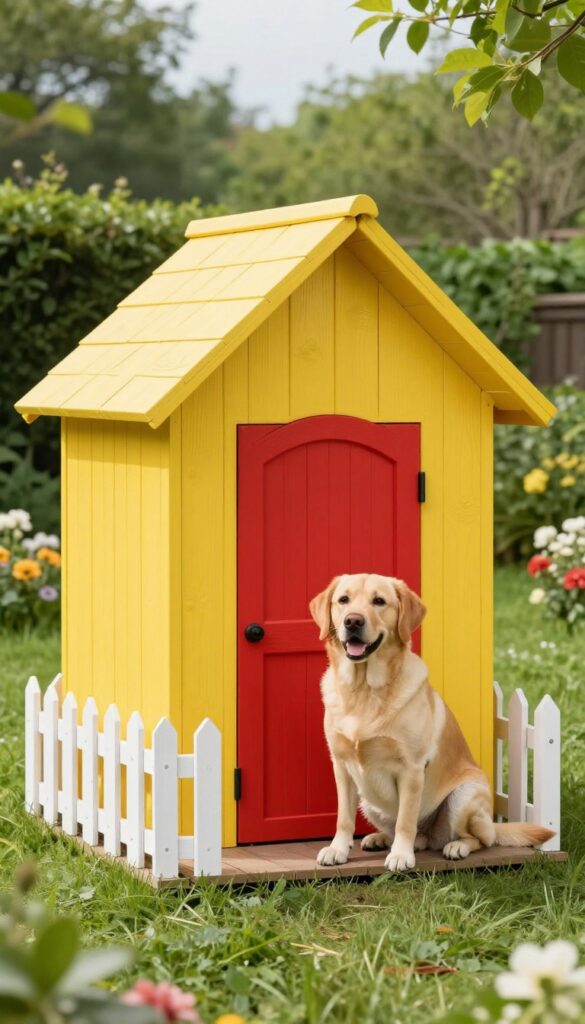 Cheerful yellow dog house with red door in backyard