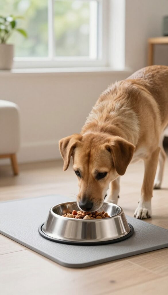 Dog eating from a bowl in a sunny corner of a living room for mealtime enrichment