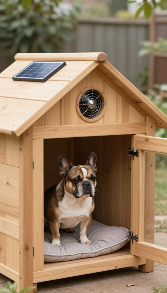 Modern wooden dog house with solar panel and ventilation fan in sunny backyard