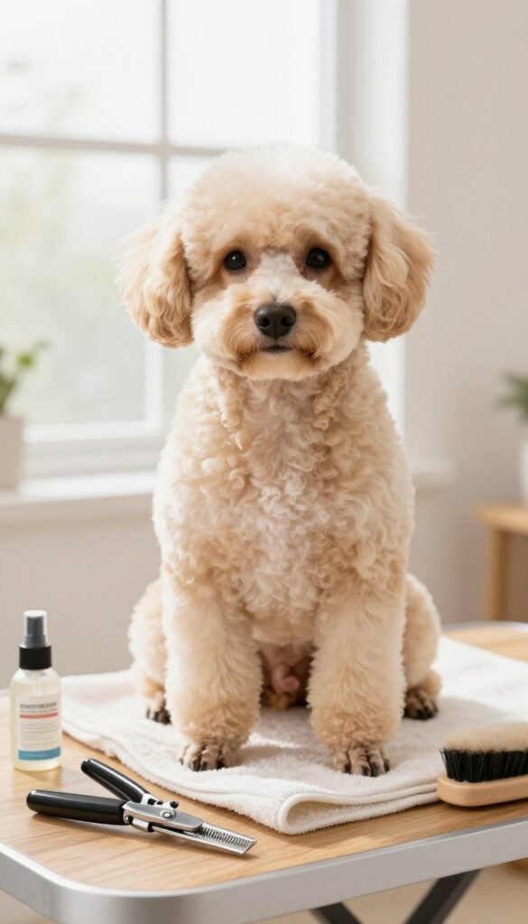 A poodle with a neatly trimmed face sits calmly next to well-maintained clippers on a grooming table, illustrating stress-free grooming with cool, sharp blades in natural light.
