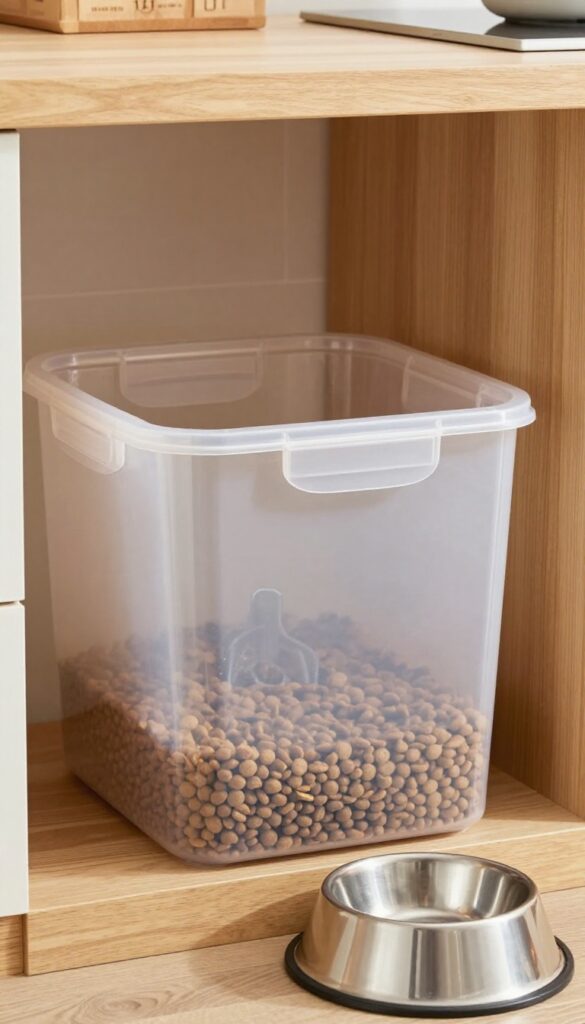 Airtight storage bin filled with dog food in an organized feeding corner, showcasing a clean and practical solution for keeping kibble fresh and pests out.