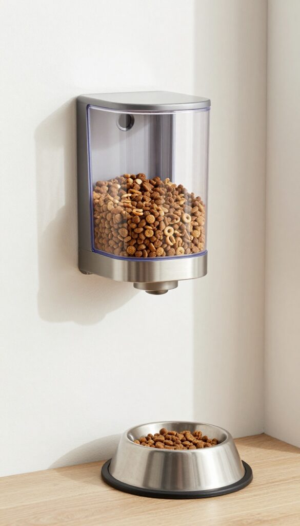 A wall-mounted dog food dispenser in a bright kitchen, showing kibble stored above a bowl to save floor space.