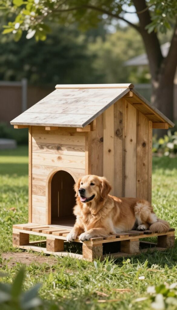 Rustic-modern pallet wood dog house in a sunny backyard with a Golden Retriever resting nearby.