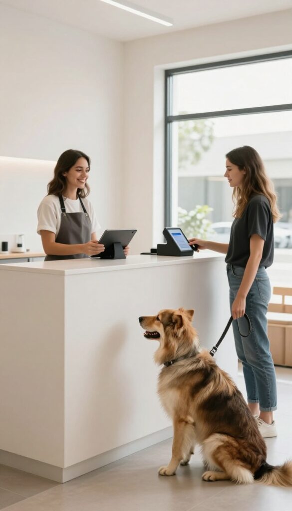 A photorealistic scene in a dog grooming salon showing an efficient check-in process with digital tools, featuring a staff member with a tablet, a calm dog on leash, and contactless payment, all under bright natural light.