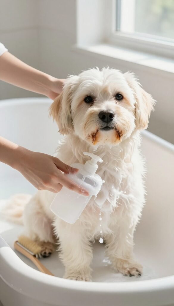 A Maltese dog being gently bathed with whitening shampoo to remove mouth stains, showcasing a simple and effective grooming routine in natural light.