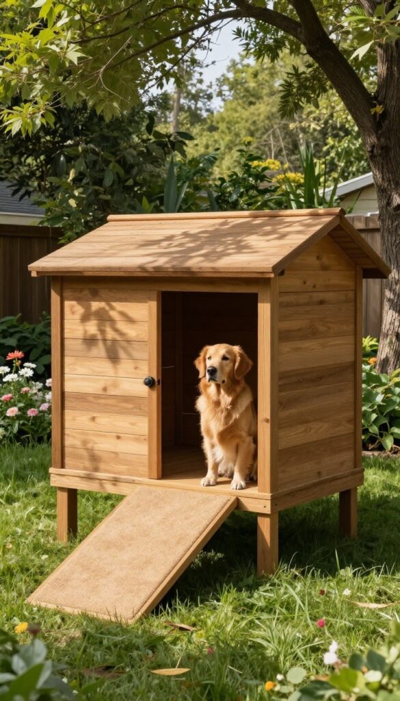 Elevated wooden dog house with ramp in sunny backyard, golden retriever sitting on platform