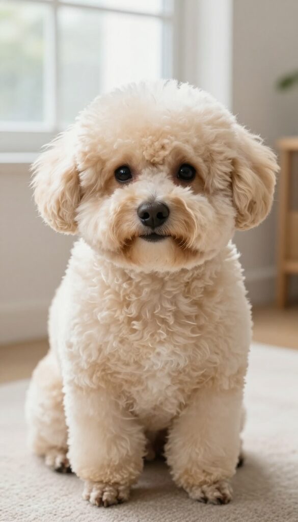 A Poochon dog with a Teddy Bear Trim grooming style, showcasing rounded features and fluffy fur in natural light.