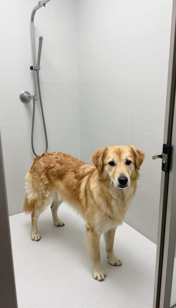 A photorealistic image of a dog grooming salon showcasing non-slip flooring in bright natural light. A calm dog stands securely on textured rubber mats near a wet bathing area, highlighting safety features for pets and owners.