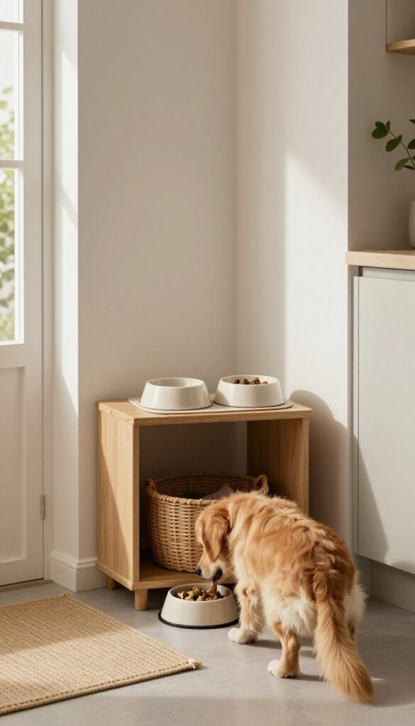 Cozy corner feeding nook with dog bowls on a wooden shelf, natural light, minimalist decor.