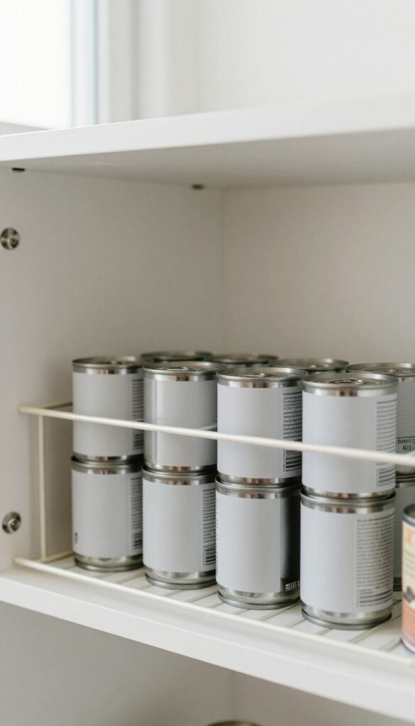 A neat row of dog food cans in a wire rack on a pantry shelf, with soft natural light.
