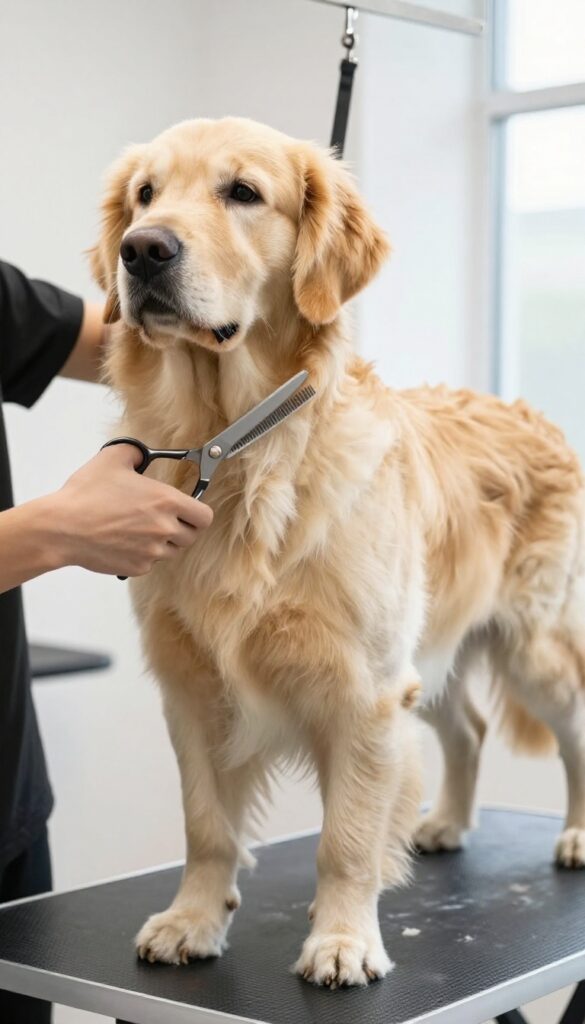 A dog groomer using chunkers to thin the thick coat of a Golden Retriever in a bright, natural-light setting.