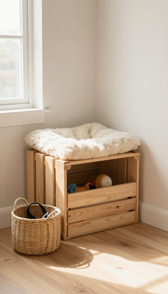 Cozy dog crate nook with soft bedding in a bright living room corner.