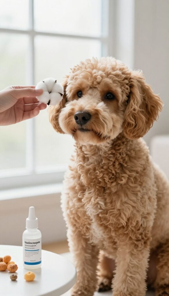 A Doodle dog having its ears cleaned weekly to prevent infections, showing a calm grooming moment in natural light.