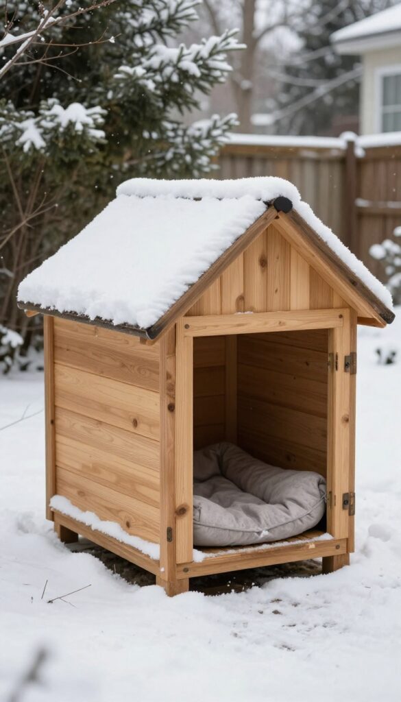 Insulated dog house with built-in heater in snowy backyard