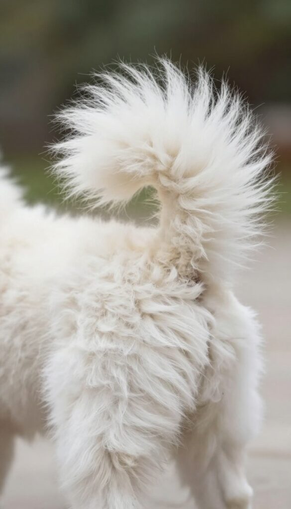 Close-up of a Poochon dog's tail with a fluffy pom-pom grooming style in natural light