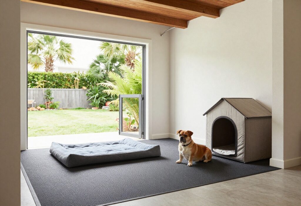 Cozy garage dog house with dog bed and dog door leading to backyard